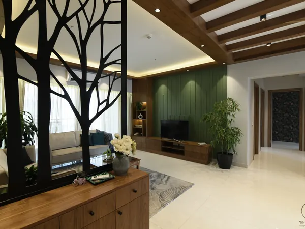 Living room with a black metal tree screen, wood ceiling beams and a green TV wall