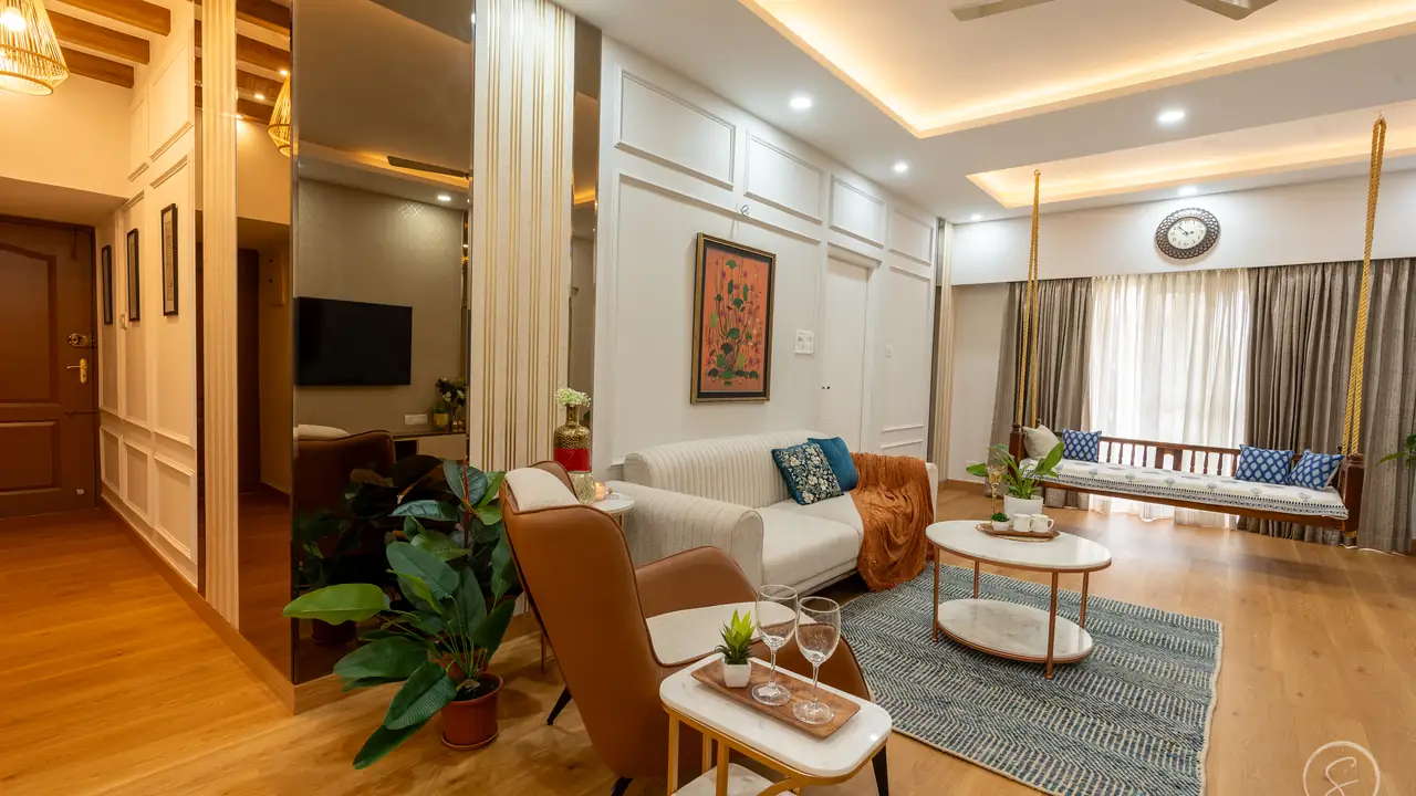 Living room with a wooden swing, warm oak floor and soft drapes